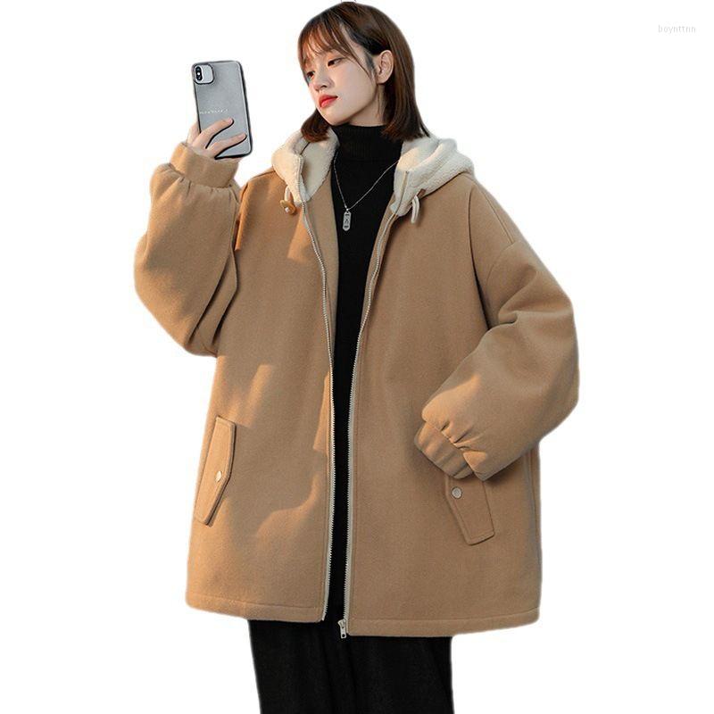 

Women' Down Cotton Jacket Women 2022 Warm Lamb Plus Velvet Thickening Student Coats Korean Fashion Loose Hoodie Woolen Woman Jackets, Black