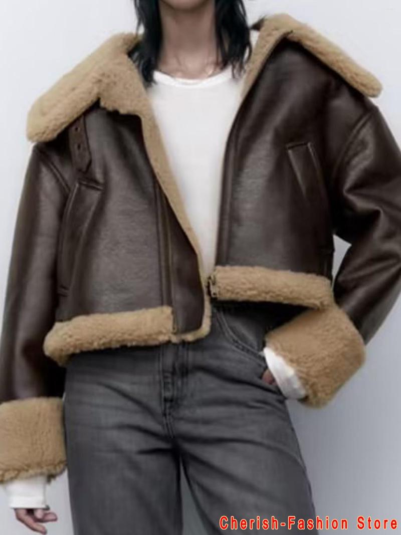 

Women's Leather Women Fashion Thick Warm Winter Fur Faux Cropped Jacket Coat Vintage Long Sleeve Female Outerwear Chic Tops Black Brown, Xc9263 wine red