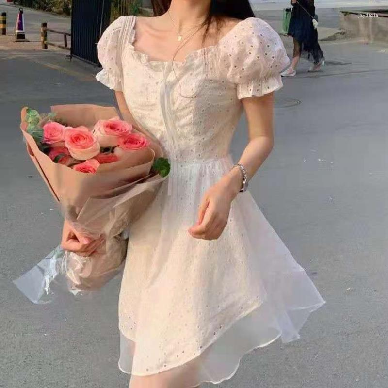 

Casual Dresses Elegant Korean White Dress Women Hollow Out Evening Bandage Sexy Sweet Mini 2022 Summer Designer Pretty Party