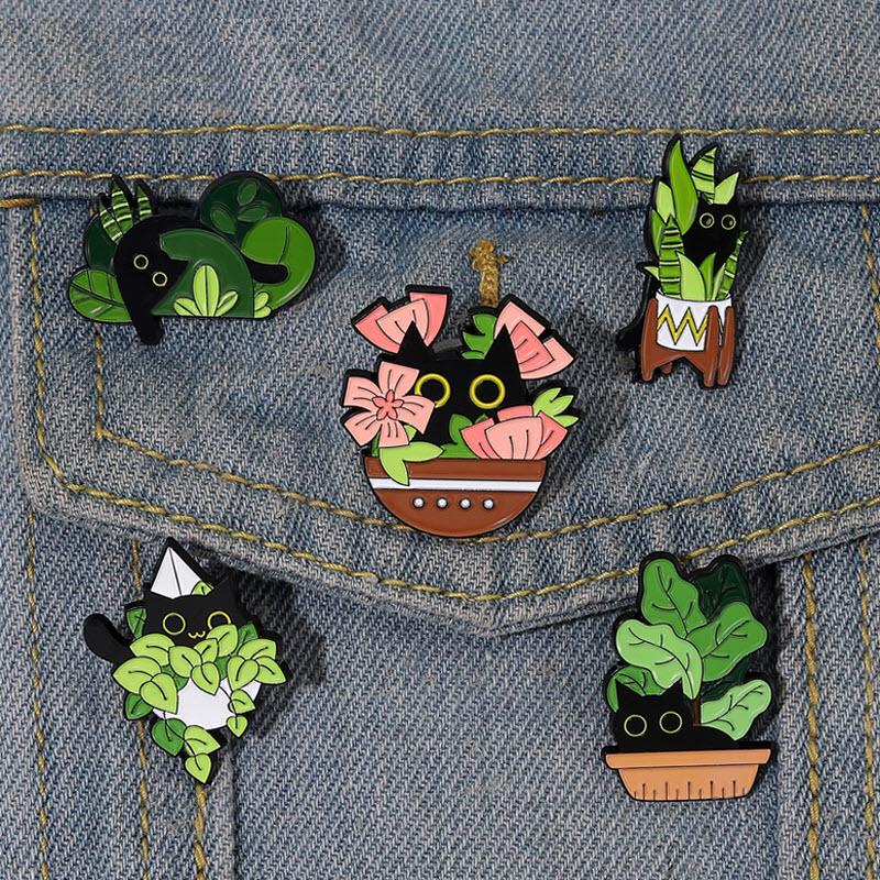 

Cats in Plants Enamel Pins Custom Black Cat Potted Plant Brooches Lapel Badges Fun Animal Plant Jewelry Gift for Kids Friends, Color #1