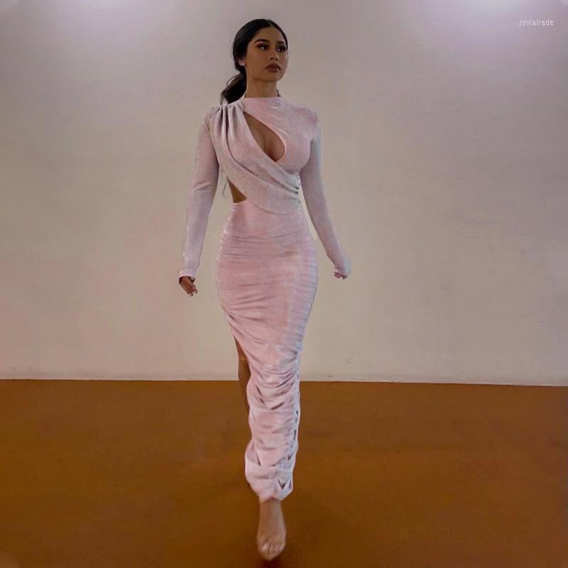 

Casual Dresses FTS Arrival Elegant Outfits Dress Sexy Hollow Out Long Sleeves Asymmetrical Bodyocn Ladies Women Prom, Pink