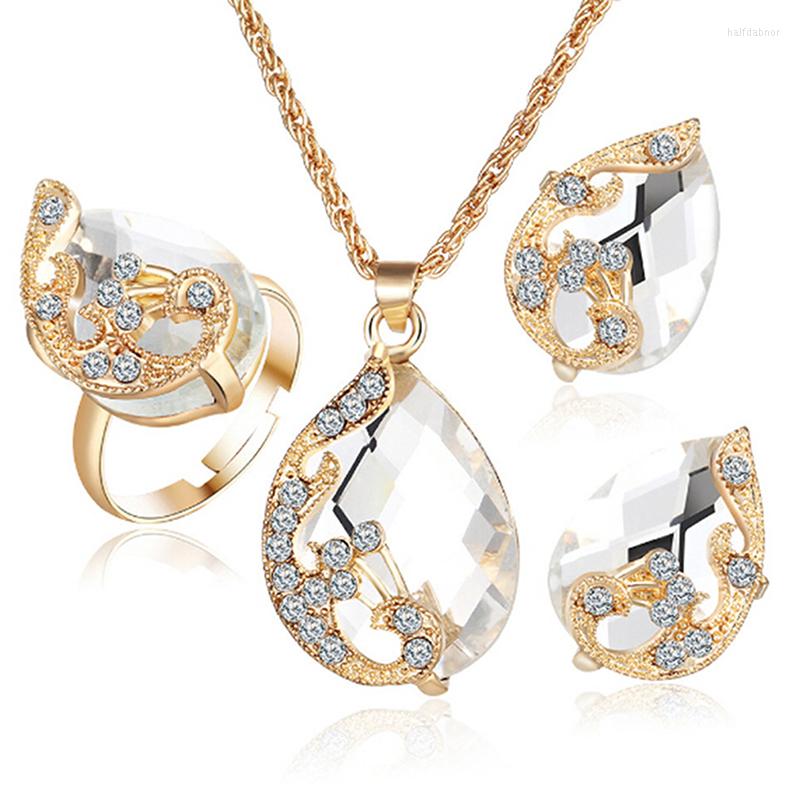 

Necklace Earrings Set Water Drop Zircon Women Jewelry And High-end Ladies Pendand Ring Earring Gift Giving, Picture shown