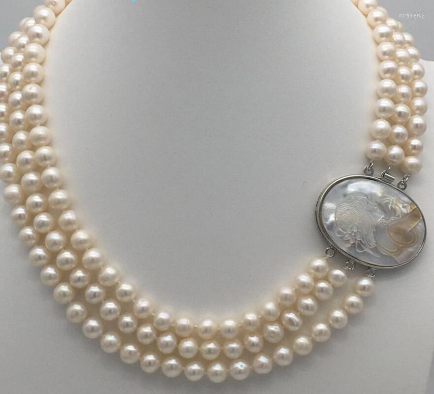 

Chains Jewelry Genuine 3 Rows 7-8MM Freshwater Pearl Necklace Cameo Clasp