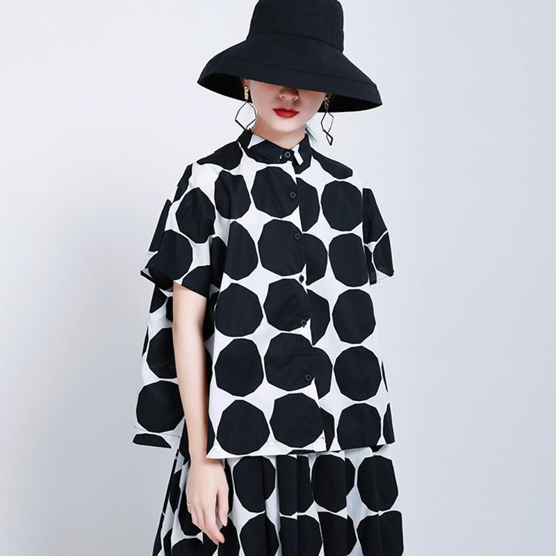 

Women's Blouses Johnature 2022 Summer Casual Wave Point Loose Womens Tops And Fashion Turn-down Collar Slits Female Shirts, Black