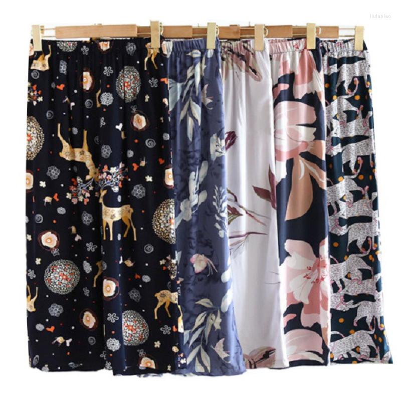 

Women's Sleepwear 2022 Spring Wide Leg Cropped Trousers Women Cool Loose Rayon Can Be Worn Outside Ladies Large Size Home Pants With Pockets, Floral-navy