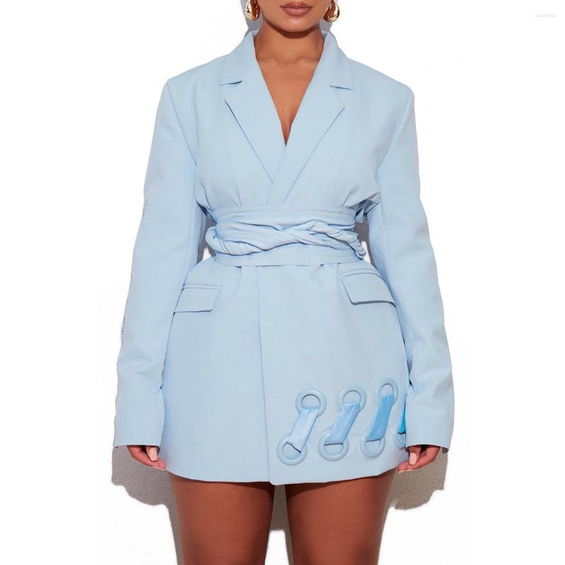 

Women' Suits 2022 Spring Women' Solid Color Lace-up Long Coat Office Lady Big Eyelet Belt Full Sleeve V-neck Split Suit Jacket, Sky blue