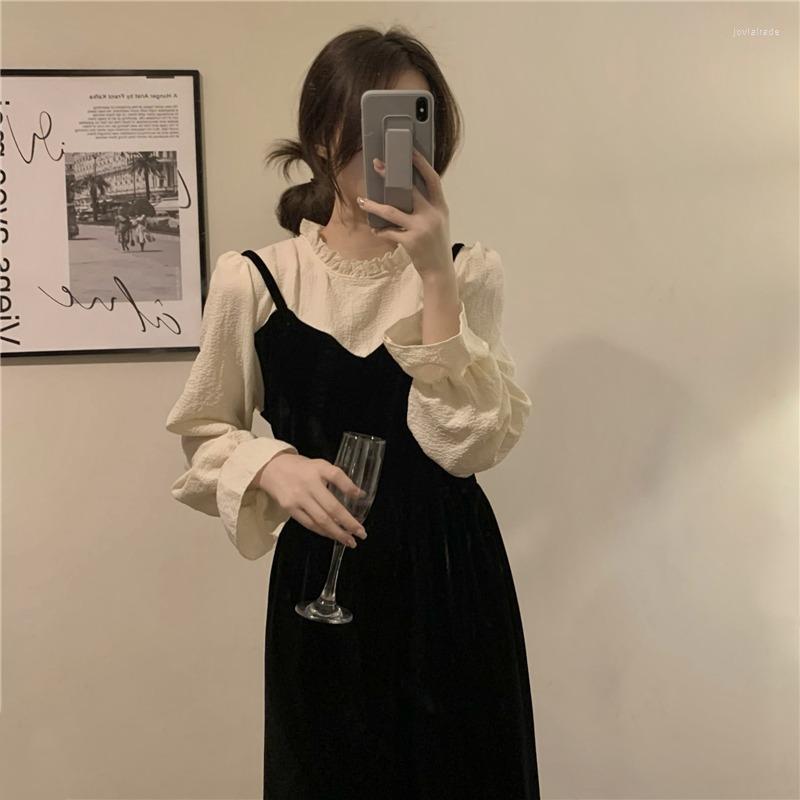 

Casual Dresses Korean Version Fashion Dress French Retro Fake Two-piece Velvet A-line Long Skirt Temperament Thin Long-sleeved Female, Black