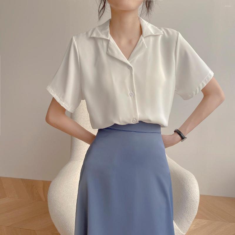

Women' Blouses Summer Short Sleeve Shirts 2022 Korean Style Chic Loose Suit Collar Lazy Blouse Solid White Blue Apricot Women Shirt Tops
