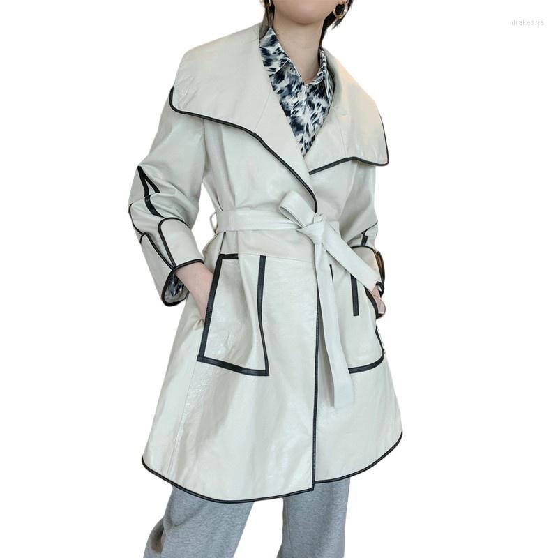 

Women's Leather Sheepskin Genuine Trench Coat Women Lapel Collar Belted Loose Fit Mid Long Real Jacket Runway Windbreaker, Beige