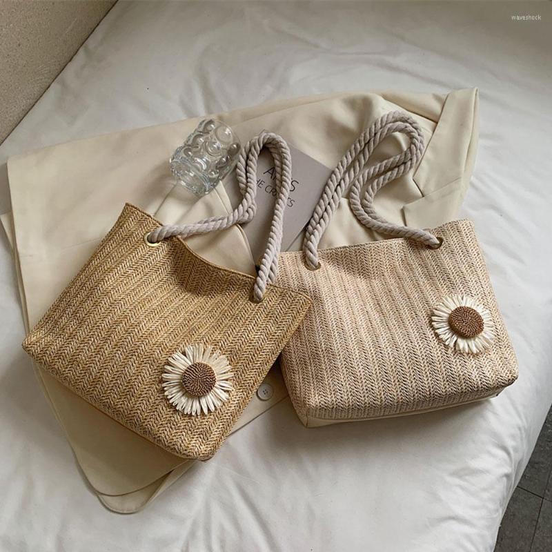 

Evening Bags Fashion Straw Women's Shoulder Weaving Large Handbag Female Trend Casual Sunflower Bucket Bag Ladies High Capacity Totes, White