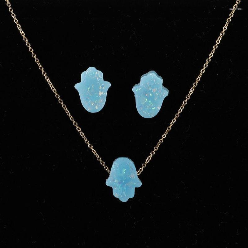 

Necklace Earrings Set Opal Stone Palm Jewelry Gold Stainless Steel Hamsa Women Party 6 Colors, Picture shown