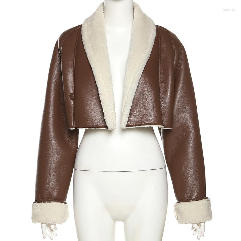 

Women' Leather Fashion Casual PU Jacket For Women Autumn Minimalist Wild Solid Slim Thicken Lambswool Suit Coat Female Streetwear DF198, Brown