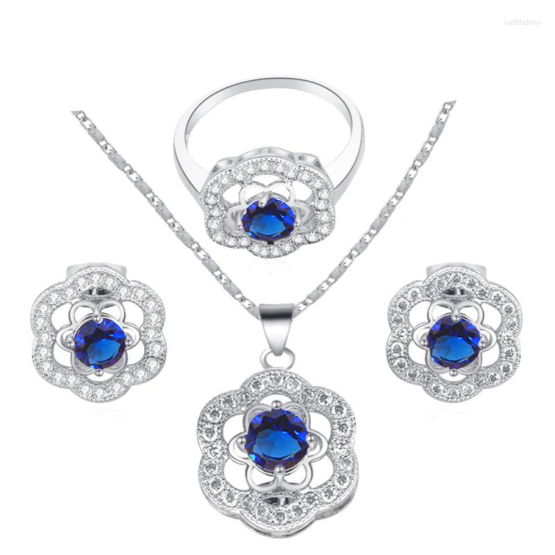 

Necklace Earrings Set Top Quality Blue Flower Zircon Silver Fashion Jewelry Rings Sz #7 #8 #9 JS554, Picture shown