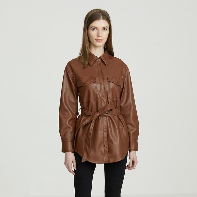

Women's Leather High Quality Women's PU Clothes Slim Fit Medium Long Shirt Coat Lapel Belt Small Size Lining, Black