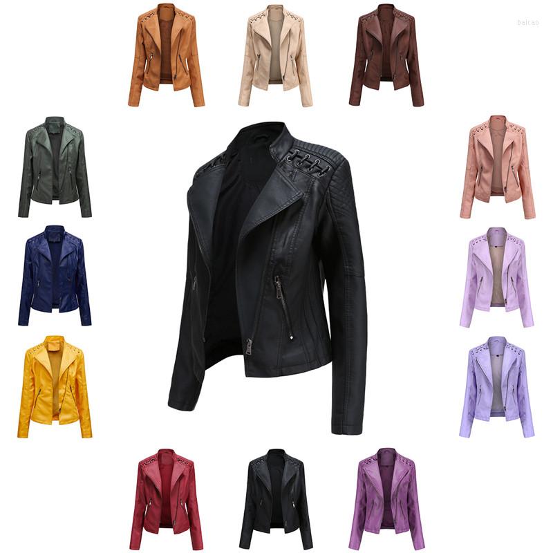 

Women' Leather Autumn Winter Pu Faux Jackets Women Long Sleeve Zipper Slim Motor Biker Coat Y1402, Black