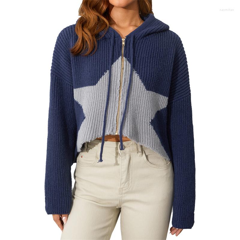 

Women's Knits Fashion Vintage Sweater Women Star Pattern Contrast Color Hooded Tops Outwear Long Sleeve Zip-Up Loose Cardigan Streetwear, Gray