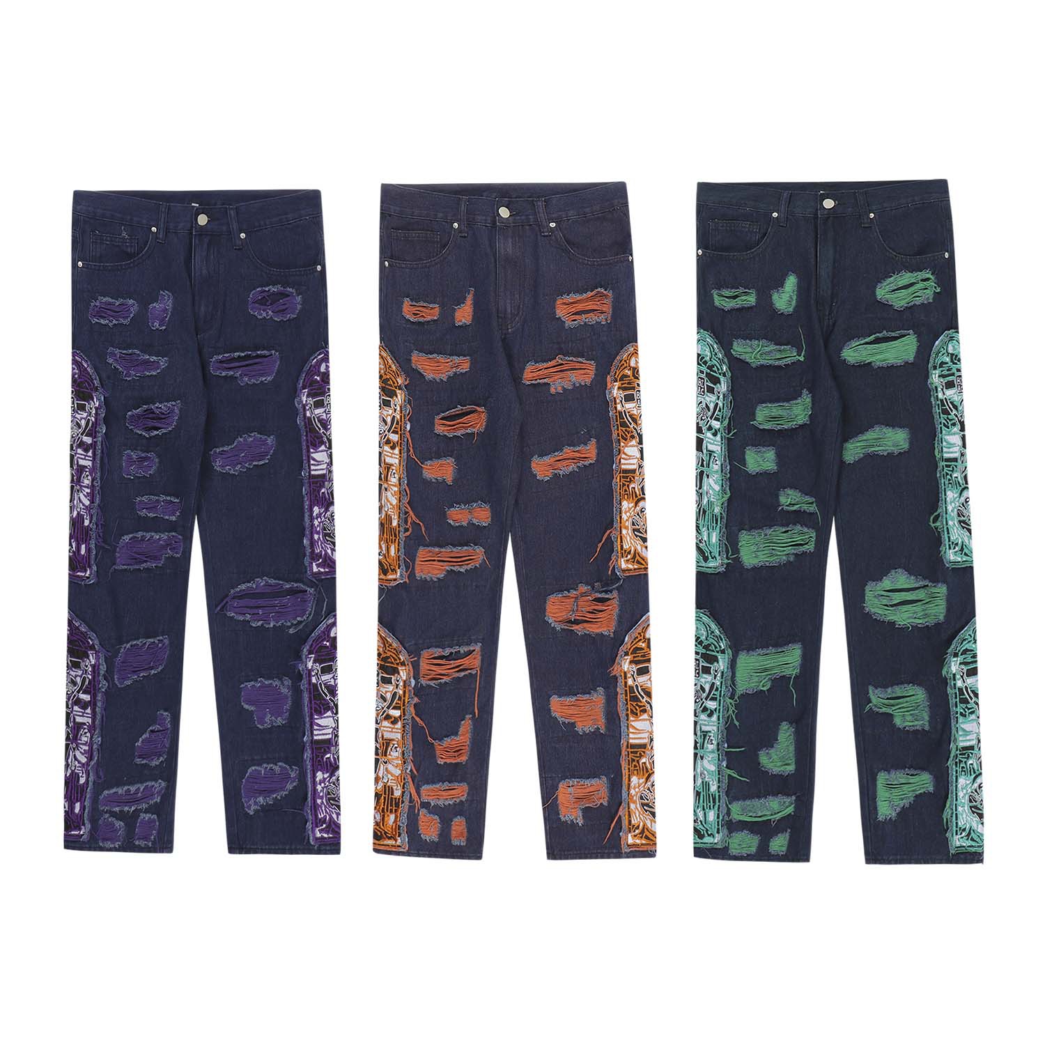 

High Street Jeans Men's Pants Ripped Patch Vintage Hip Hop Mens Jean Straight Moto Biker Denim Pants, Orange