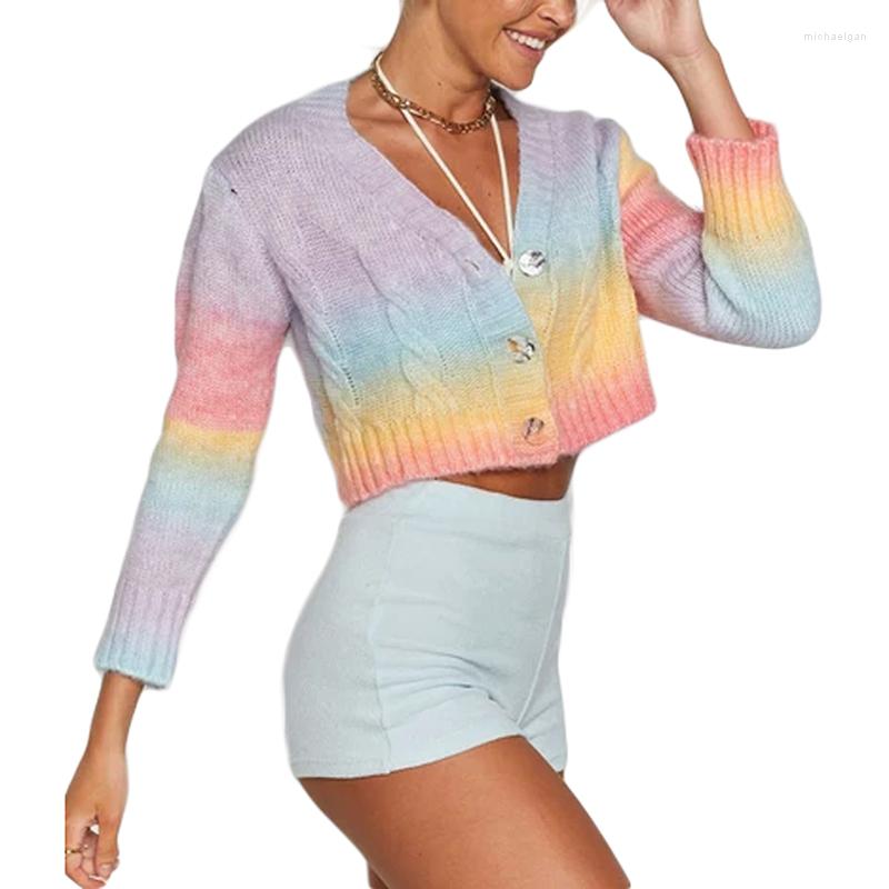 

Women's Knits Autumn Spring Cardigan Women Casual Long Sleeve Knitted Fashion Tie Dye Single-breasted Exposed Navel Sweater Crop Tops Coat, Multi