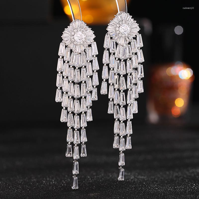 

Dangle Earrings Noble Tassel Style Super Flash Cubic Zirconia Paved Long Big Evening Party For Women Wedding Bride Jewelry