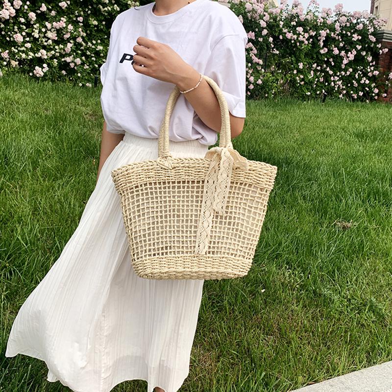 

Evening Bags Retro Bohemia Handmade Weave For Women Summer Beach Hollow Weaving Straw Tote Bag Cute Lace Bow High Capacity Handbag 2022, Beige