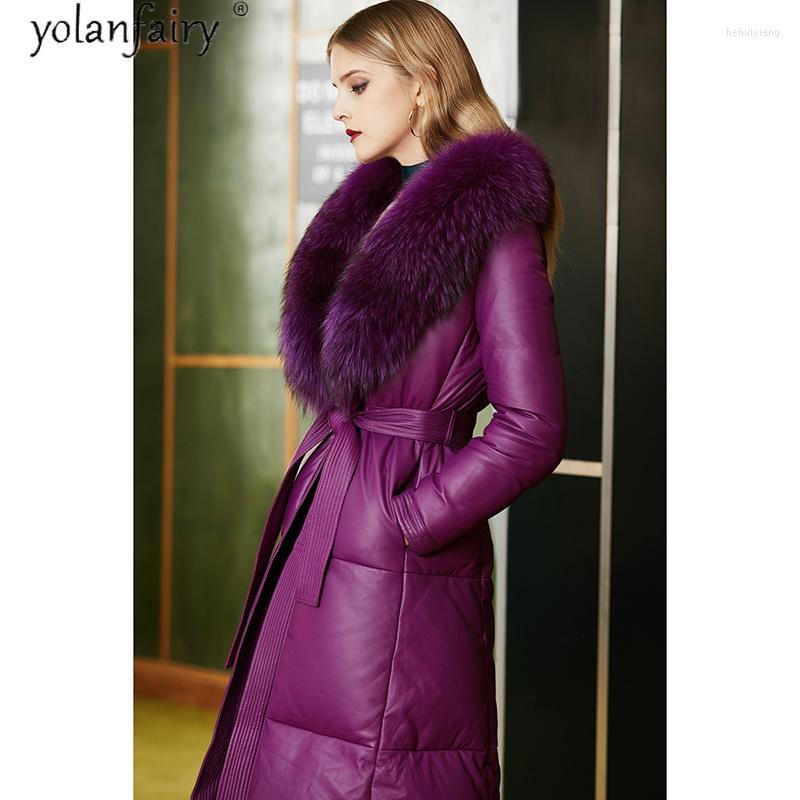 

Women's Leather Down Winter Duck Jacket Women Genuine Female Real Raccoon Fur Collar Warm Vintage Long Sheepskin Coat 2023 09306, Black