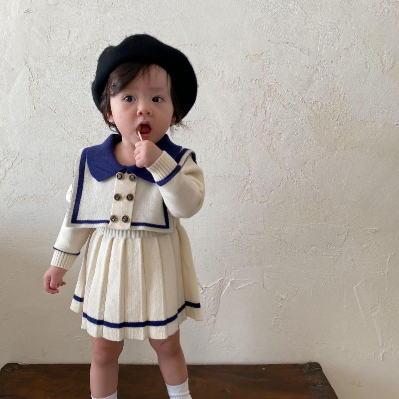 

Girl Dresses Autumn Winter Baby Dress Navy Collar Fashion Girls Sweater Casual Children Knit Knitted Clothes, Beige