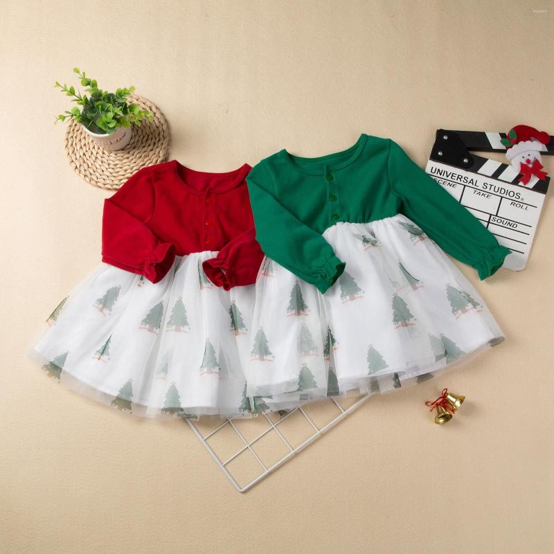 

Girl Dresses Toddler Princess Dress Christmas Fashion Tree Print Button Long Sleeves Festive Mesh Baby Infant Winter Clothes, Red