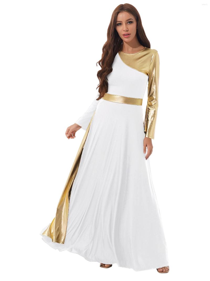 

Stage Wear Womens Liturgical Praise Lyrical Dance Dress Loose Fit Full Length Flare Long Sleeve Metallic Worship Costume Ballet Dancewear, Black