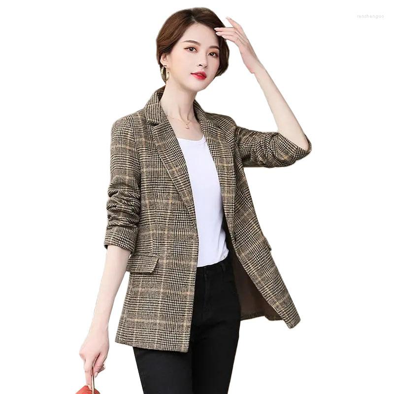 

Women's Suits Fashion Autumn Work Office Ladies Suit Coat Vintage Single Button Pockets Business Female Blazer Women Plaid Jackets Tops, Brown