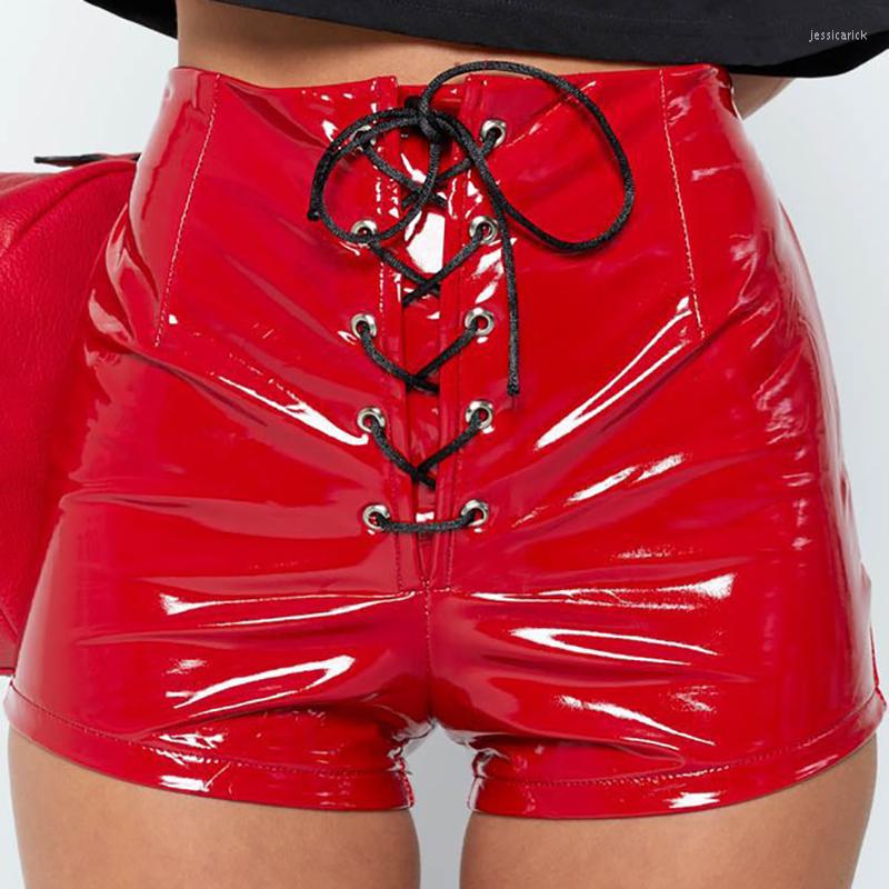 

Women's Shorts Faux PU Leather Women Pants Lace Up Red Black Wetlook Pole Dance Female Sexy Bandage Mini Short Clubwear