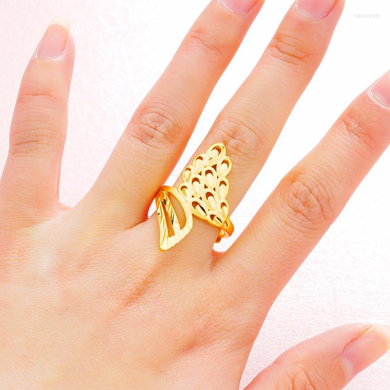 

Wedding Rings Gold Shiny Sand Phoenix Open Ring Female Pure Copper Plated 24k For Women Party Finger Opening