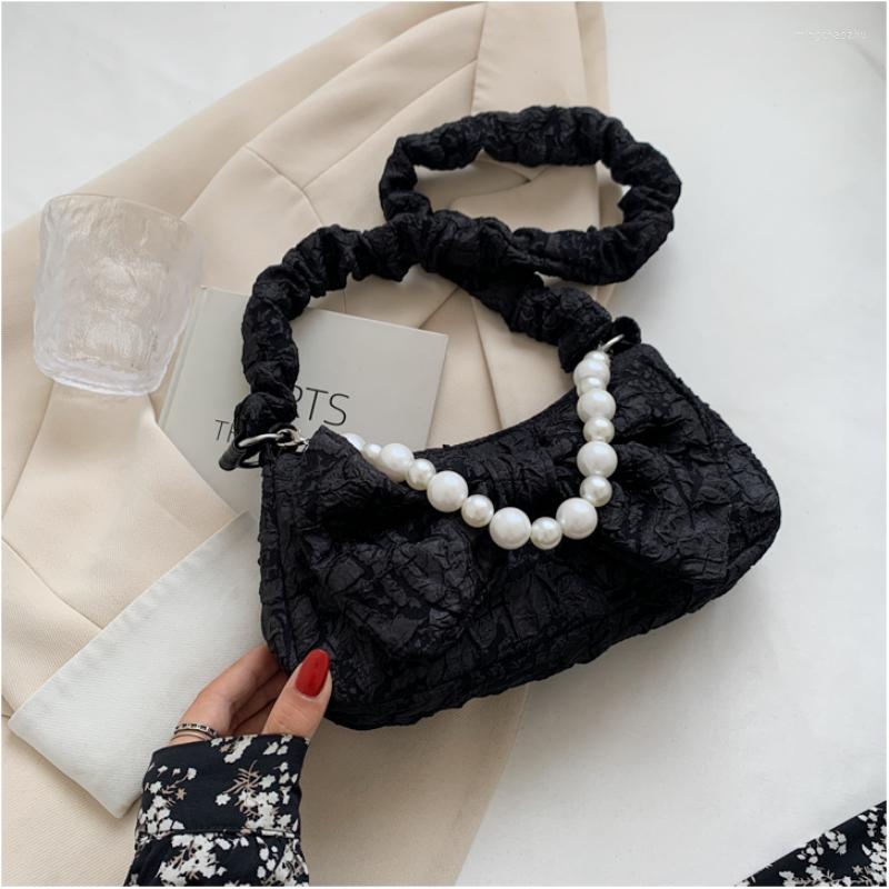 

Evening Bags Retro Designer Women Hobos Shoulder Fashion Ladies Small Flap Clutch Handbags Female Pearl Chain Strap Tote Underarm Bag, Black