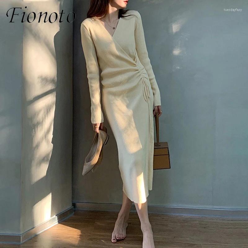 

Casual Dresses Pure 2022 Thick Dress Warm Autumn Winter Maix Sweater Women Bodycon V-neck Drawstring Long Female Slim Elegant, White