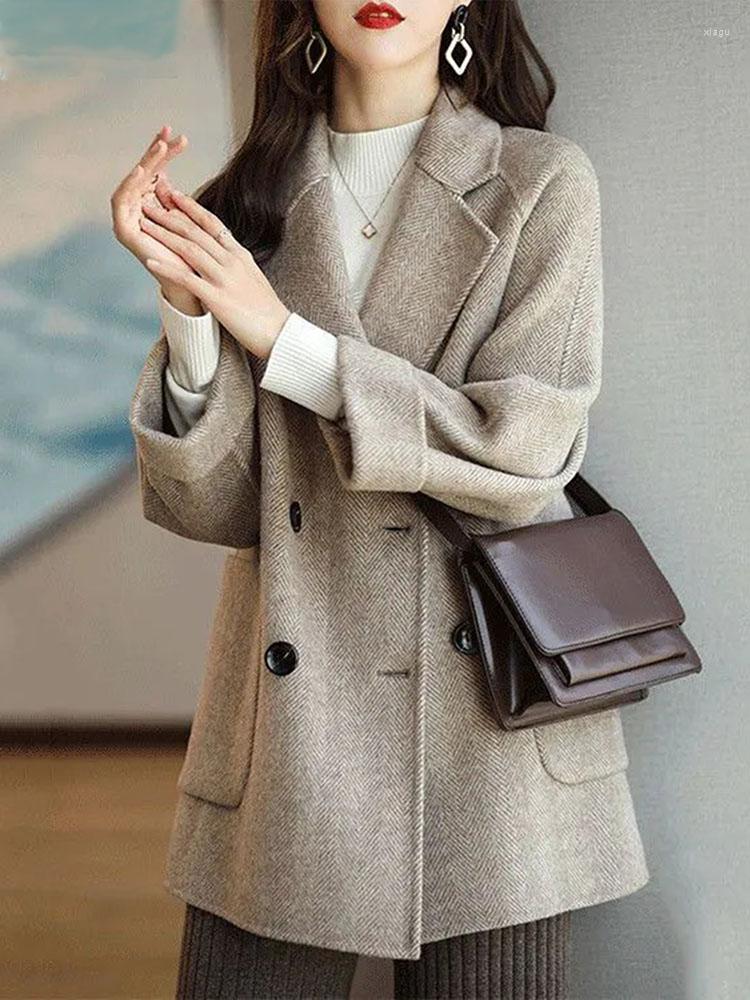 

Women's Suits Blazer Women 2022 Korean Fashion Double Breasted Woollen Blazers Coat Vintage Long Sleeve Female Outerwear Chic Tops, Brown