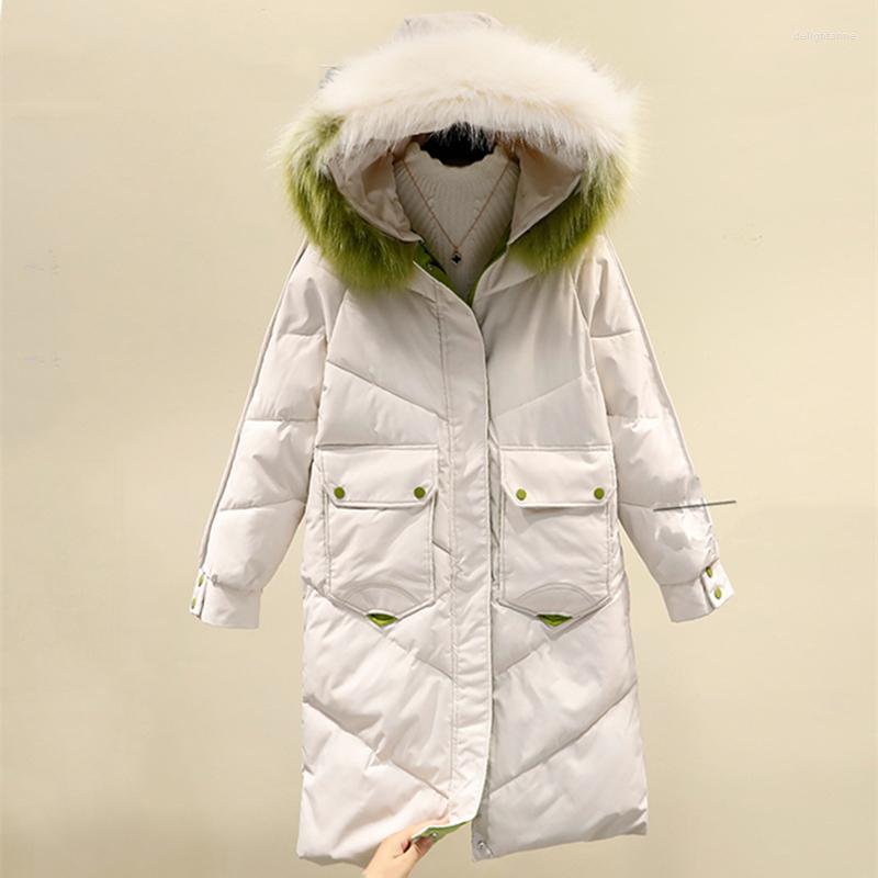 

Women' Down 2022 Winter Thick Big Fur Long Coat Women Cotton Padded Warm Jacket Parkas Harajuku Deep Pocket, Beige