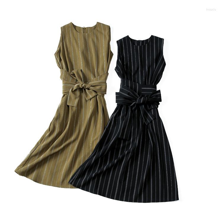 

Casual Dresses Lady Elegant Work Office Dress Sexy Sleeveless Striped O-Neck A Line Femme Ladies Midi Summer Autumn Vestido Mujer, Black