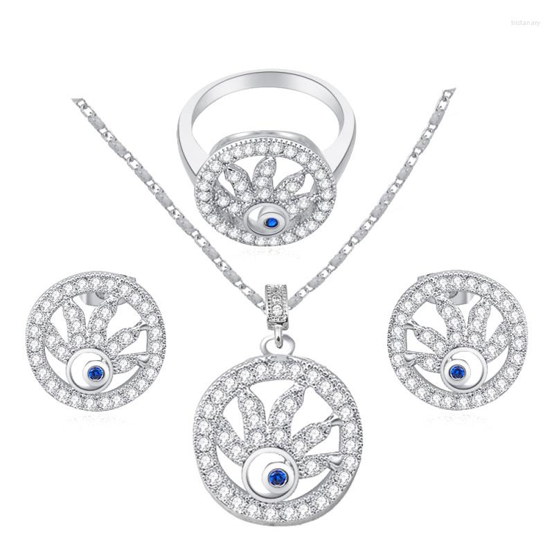 

Necklace Earrings Set ROLILASON Glittering Silver Filled Eyes Sets Fashion Jewelry Zircon Rings Sz #7 #8 JS546, Picture shown