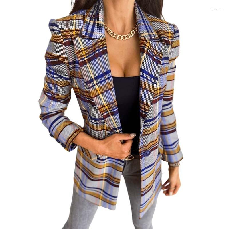 

Women' Suits Women Office Plaid Blazer Vintage Coat Fashion Notched Collar Long Sleeve Plus Size Chic Jacker Lady Outerwear Stylish Tops, Khaki