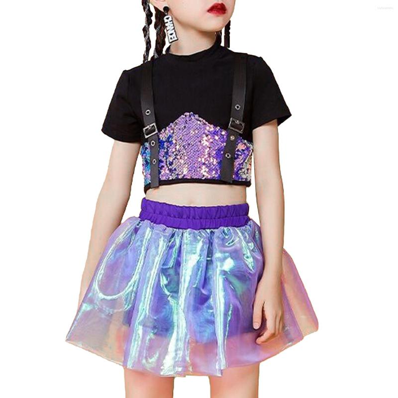 

Clothing Sets Kids Girls Cheerleading Outfit Stage Hip Hop Jazz Dance Costumes Shiny Sequins T-shirt Crop Top With Skirt Street Dancewear, White