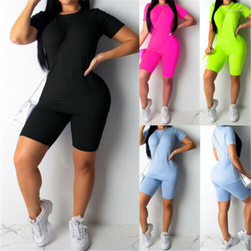 

Women' Tracksuits 7 Colors Women 2pcs Short Set Solid Sleeve Slim T-Shirt Tops High Waist Elastic Band Shorts For Lady Yoga Workout Suit, Black