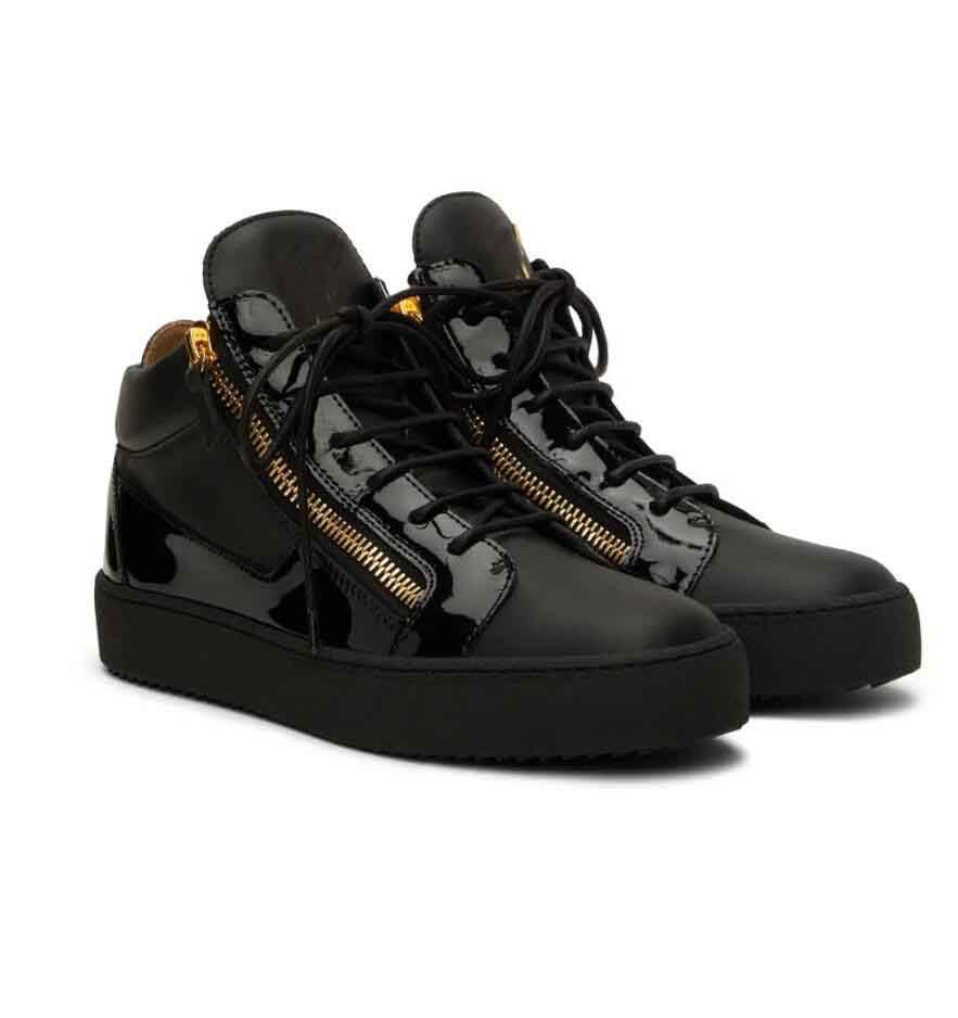 Marque de luxe Men de luxe Kriss Mid-Top Lace-up Sneakers Chaussures côté zips Sole de caoutchouc en cuir blanc noir homme skateboard Walking EU3