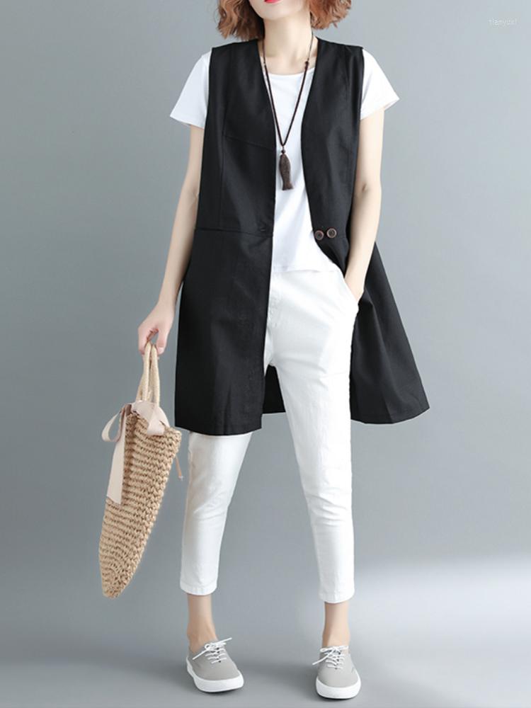 

Women's Vests Long Blazer Vest Elegant Fashion Sleeveless Double Breasted Office Lady Clothes Black Autumn Spring Loose Jaqueta Feminina