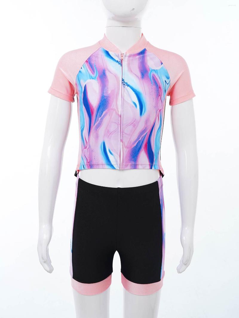 

Clothing Sets Kids Girls Short Sleeve Tie Dye Print Patchwork Sport Tops And Shorts Set Suit Workout Cycling Activewear Sportswear, Pink