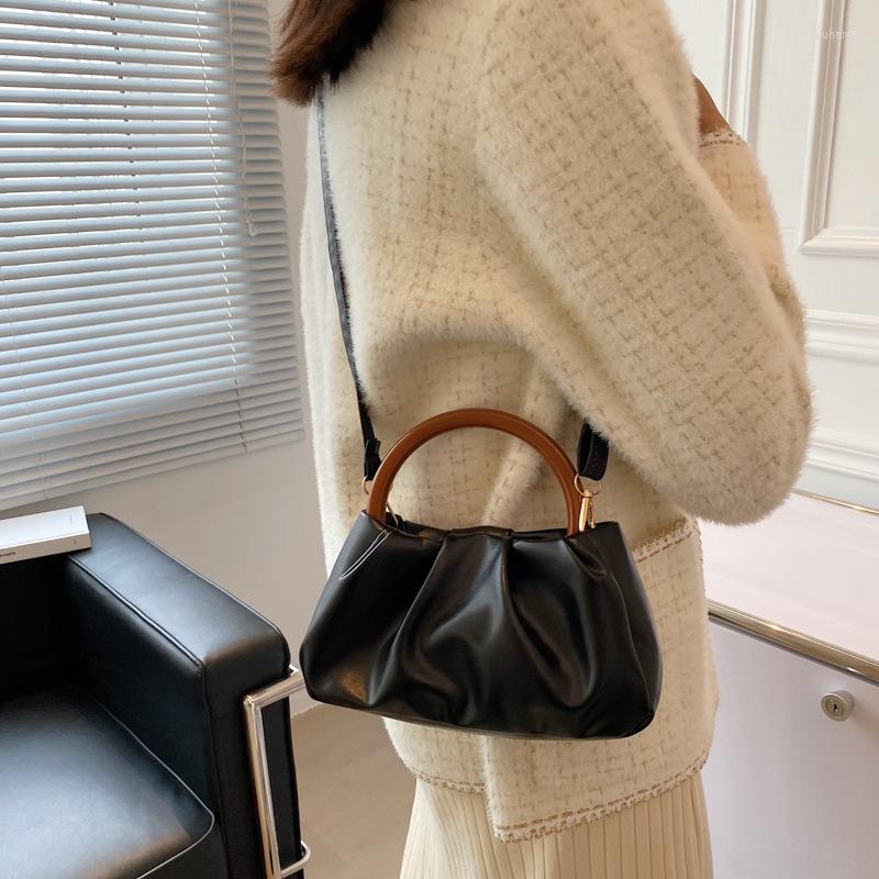 

Evening Bags Style High Quality Wooden Handle Pleated Ladies Small Handbag Fashion Leisure Shopping Bag Handbags, White