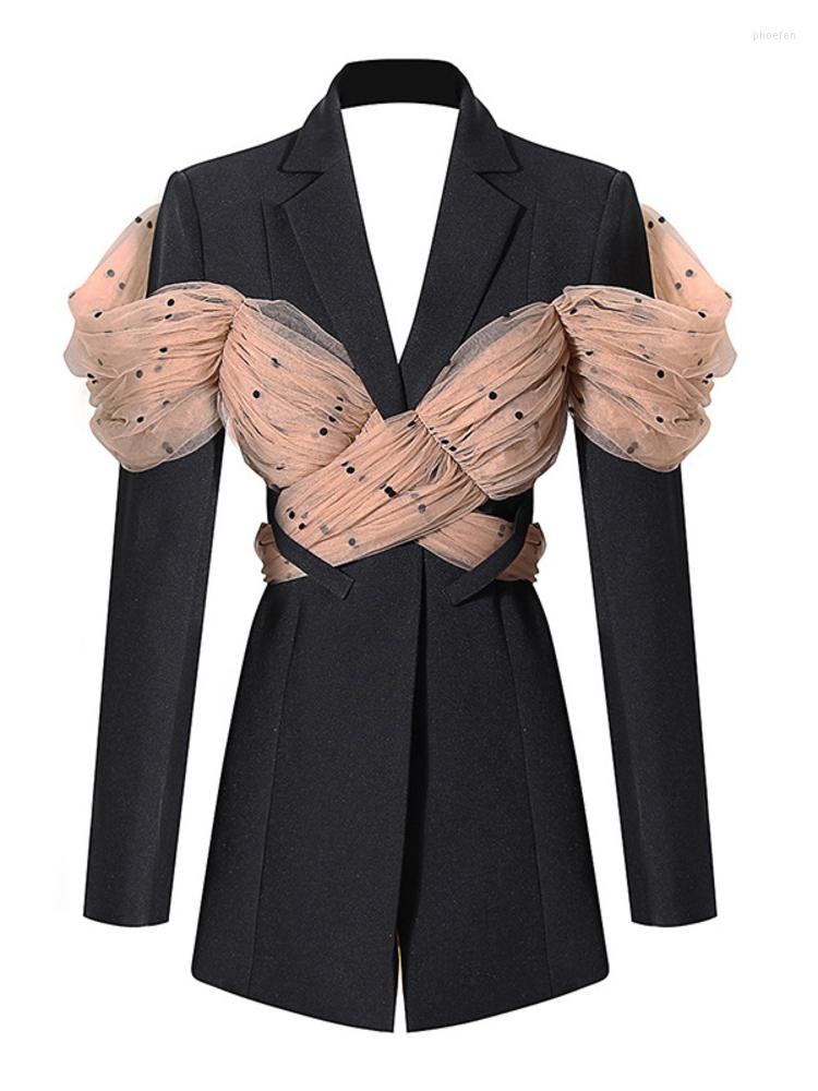

Women' Suits Mesh Patchwork Blazer Women Autumn 2022 Lapel Long Sleeve Hollow Out Temperament Loose Coat Female, Black