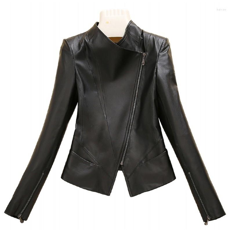 

Women's Leather Winter 2023 Womens Genuine Short Jackets Biker Retro Long Sleeved Motorcycle Slim Fit Female Coats Plus Size Zip, Black