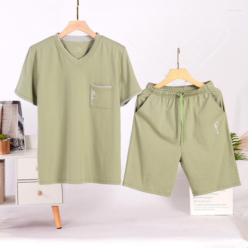 

Men's Sleepwear 2022 Summer 95% Cotton Short Sleeve Shorts Pajamas For Men 2 Piece Set V Neck T Shirt Lounge Wear Large Size 100 KG, Beige