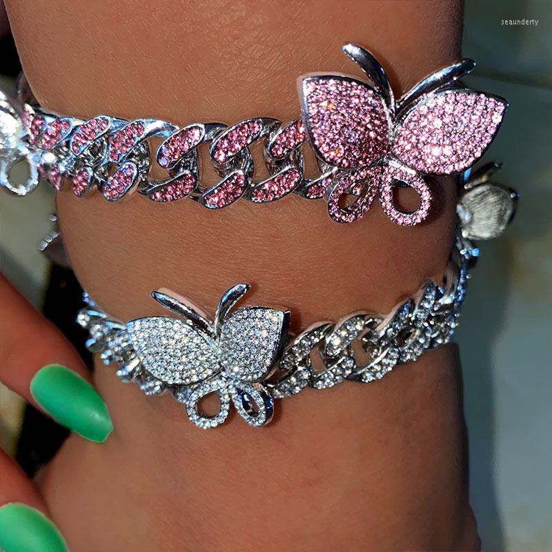 

Anklets JJFOUCS Iced Out Cuban Chain Anklet Shine Bling Clear Crystal Butterfly Charm For Women 2022 Summer Fashion Foot Jewelry
