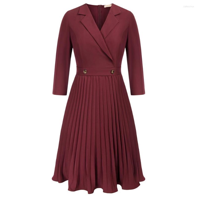 

Casual Dresses BP Women Pleated Dress Lapel Collar V-Neck Vintage Female Defined Waist A-Line Office Lady 3/4 Sleeve Formal, Black