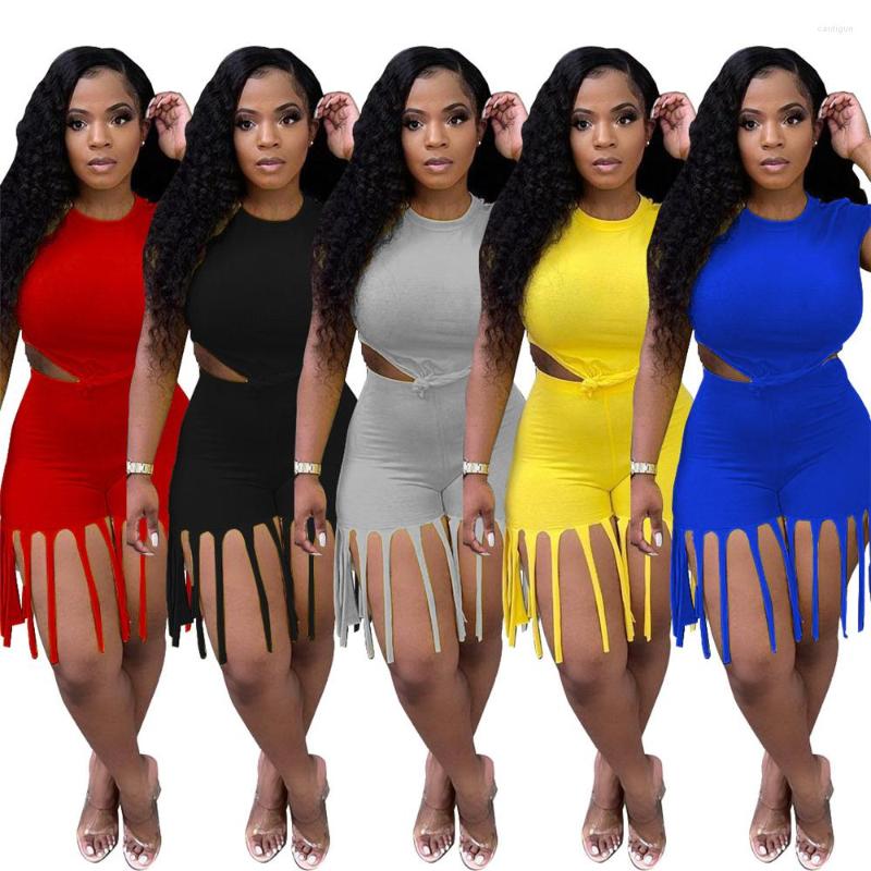 

Women' Tracksuits Bulk Items Wholesale Lots Summer Clothes For Women Pure Color Sexy Tops Stretch Tight Casual Tassel Shorts Suit Drop, Black